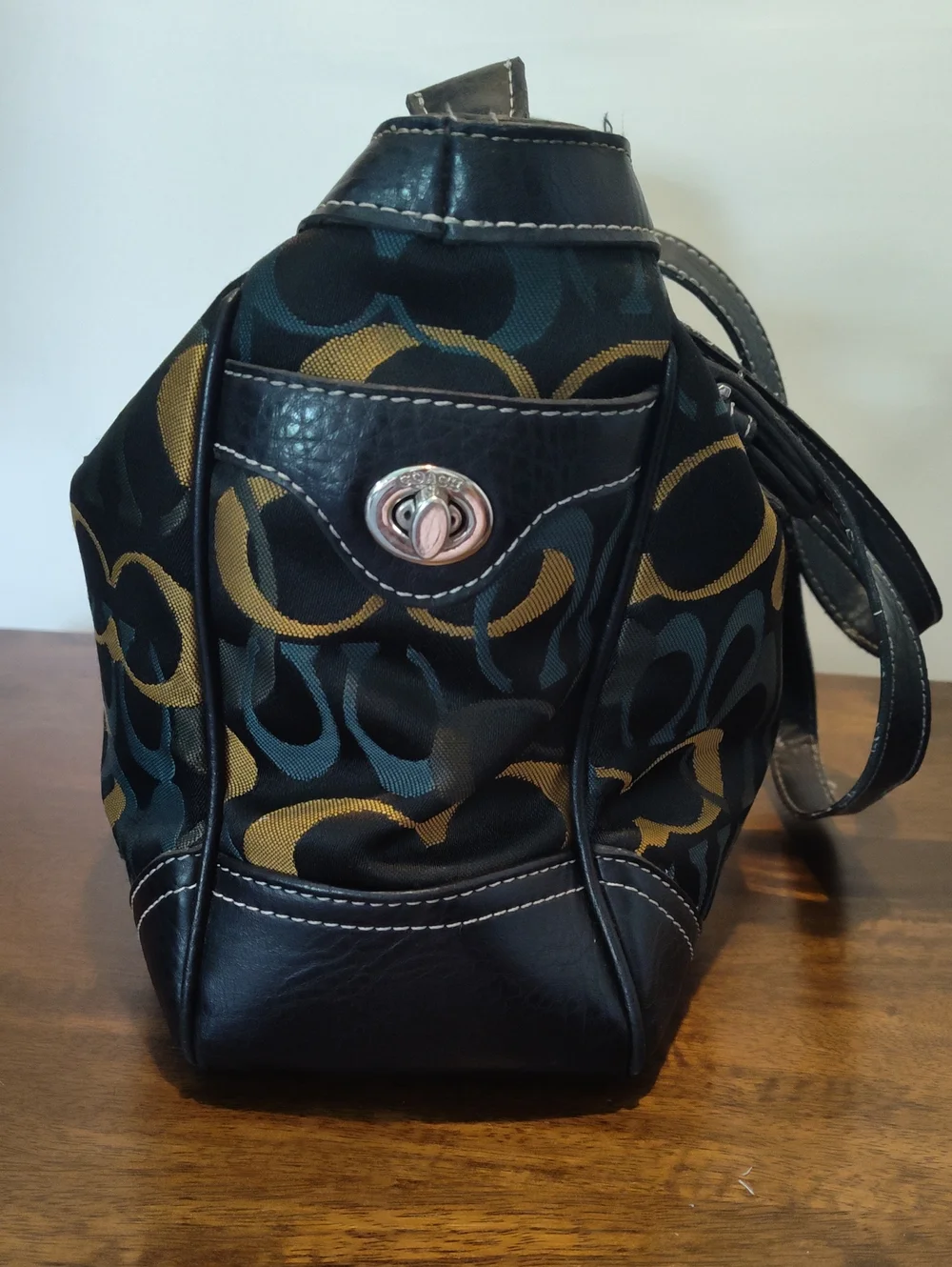 Coach Signature Shoulder Bag in Black, Blue, Green & Gold